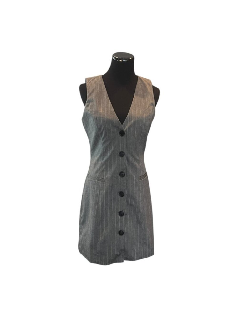A New Day Button Down Front Dress~Grey Pinstripe Tailored V-Neck - Small - NEW - Picture 4 of 7